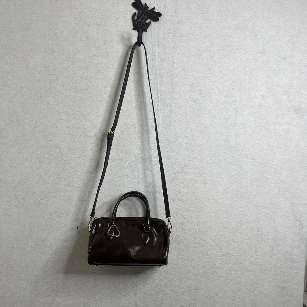 Aldo Brown Top Handle Satchel Crossbody Bag Gold Hardware Structured Purse - Picture 2 of 6